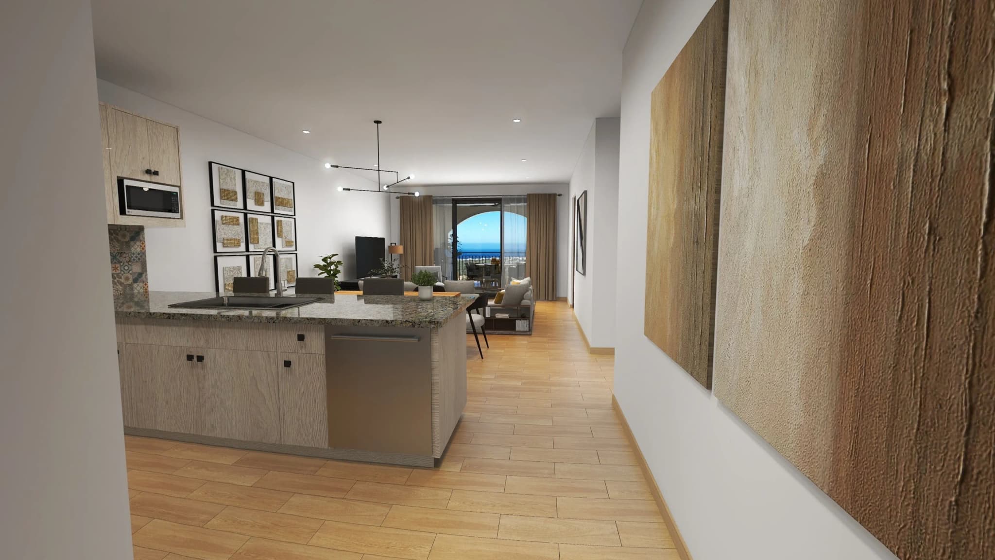Open kitchen and living room layout with modern finishes in the Mavila Tower 5 2-bedroom prototype
