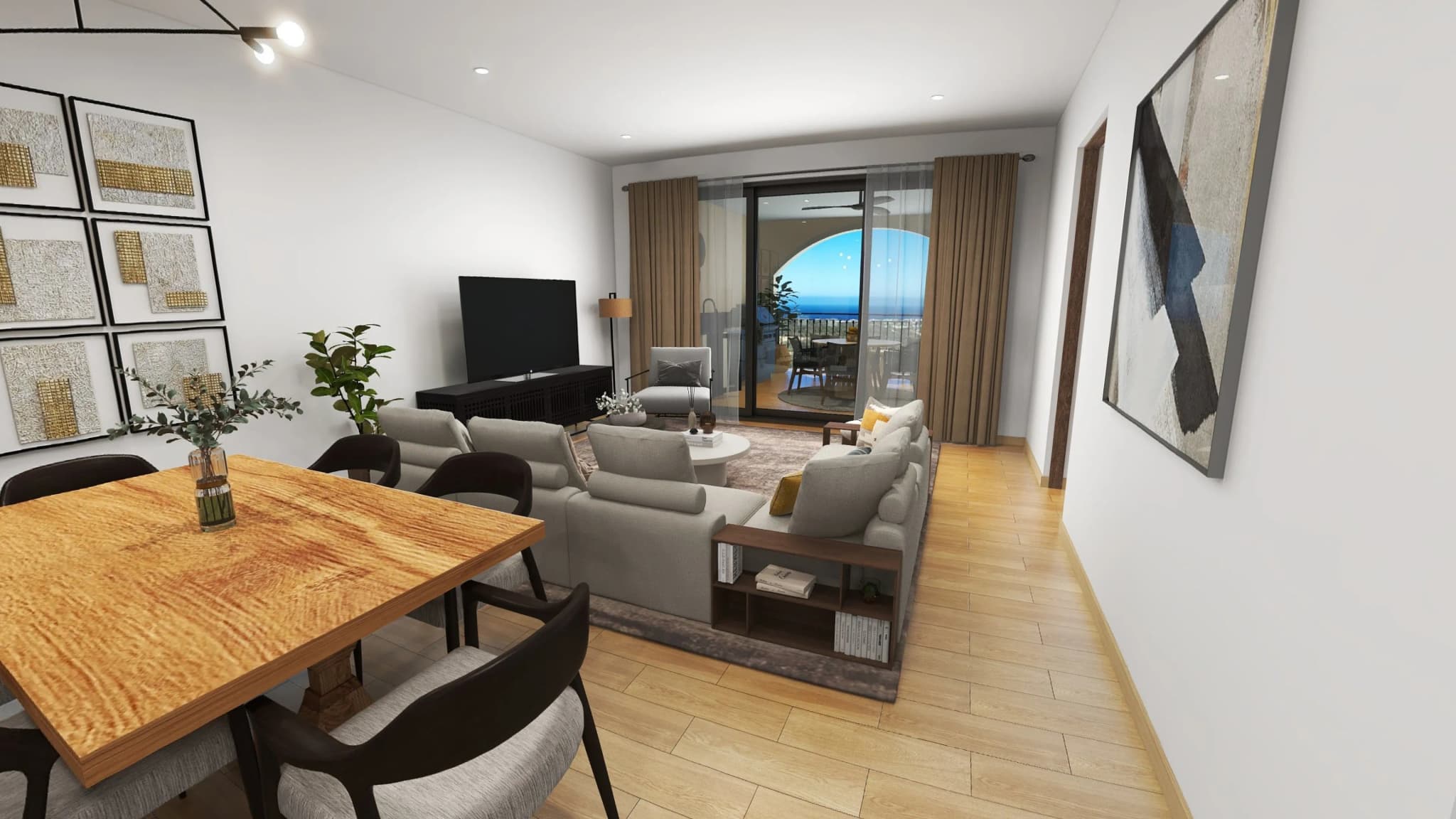 Dining and living area with balcony access in the Mavila Tower 5 2-bedroom prototype