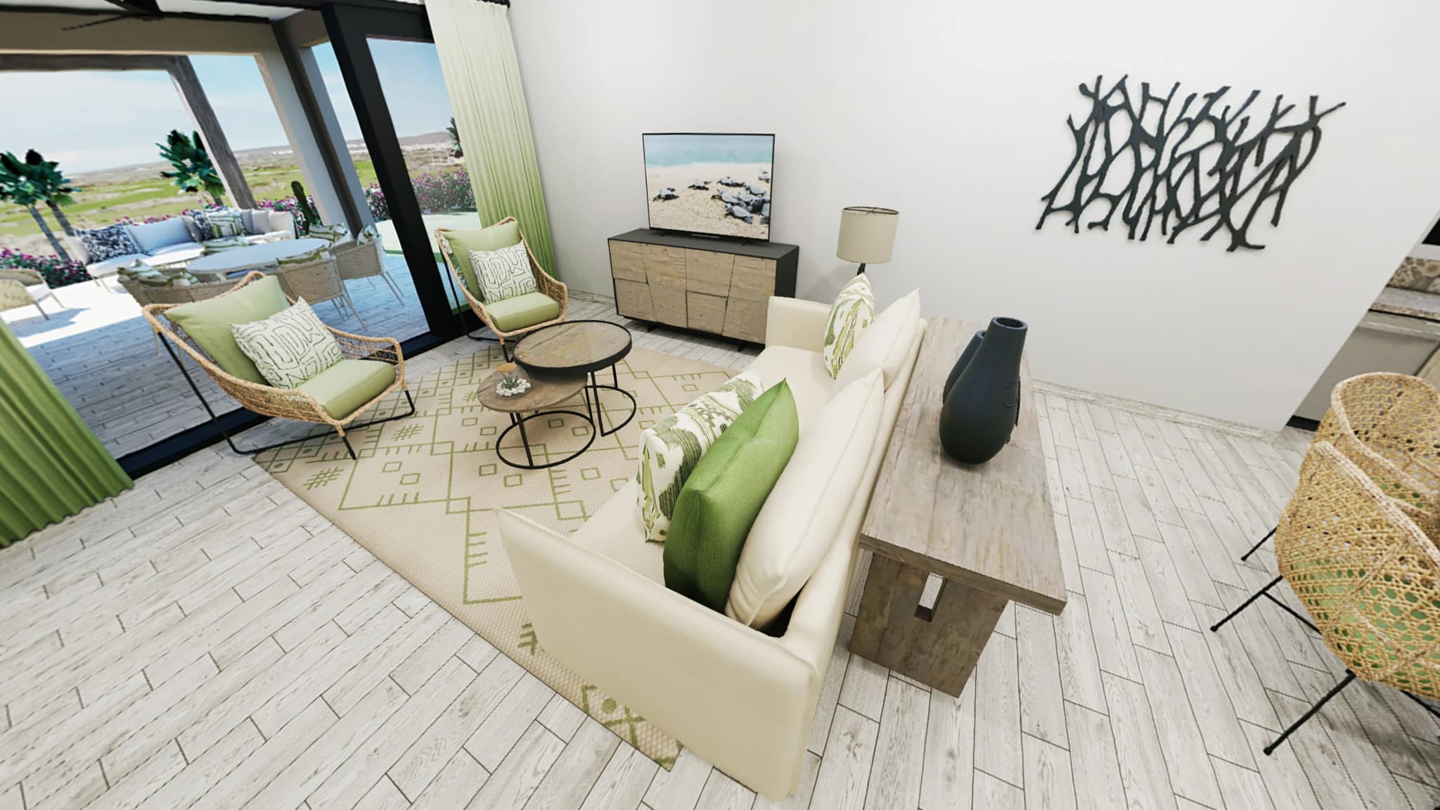Living room with garden view and modern decor in the Mavila 3-bedroom prototype