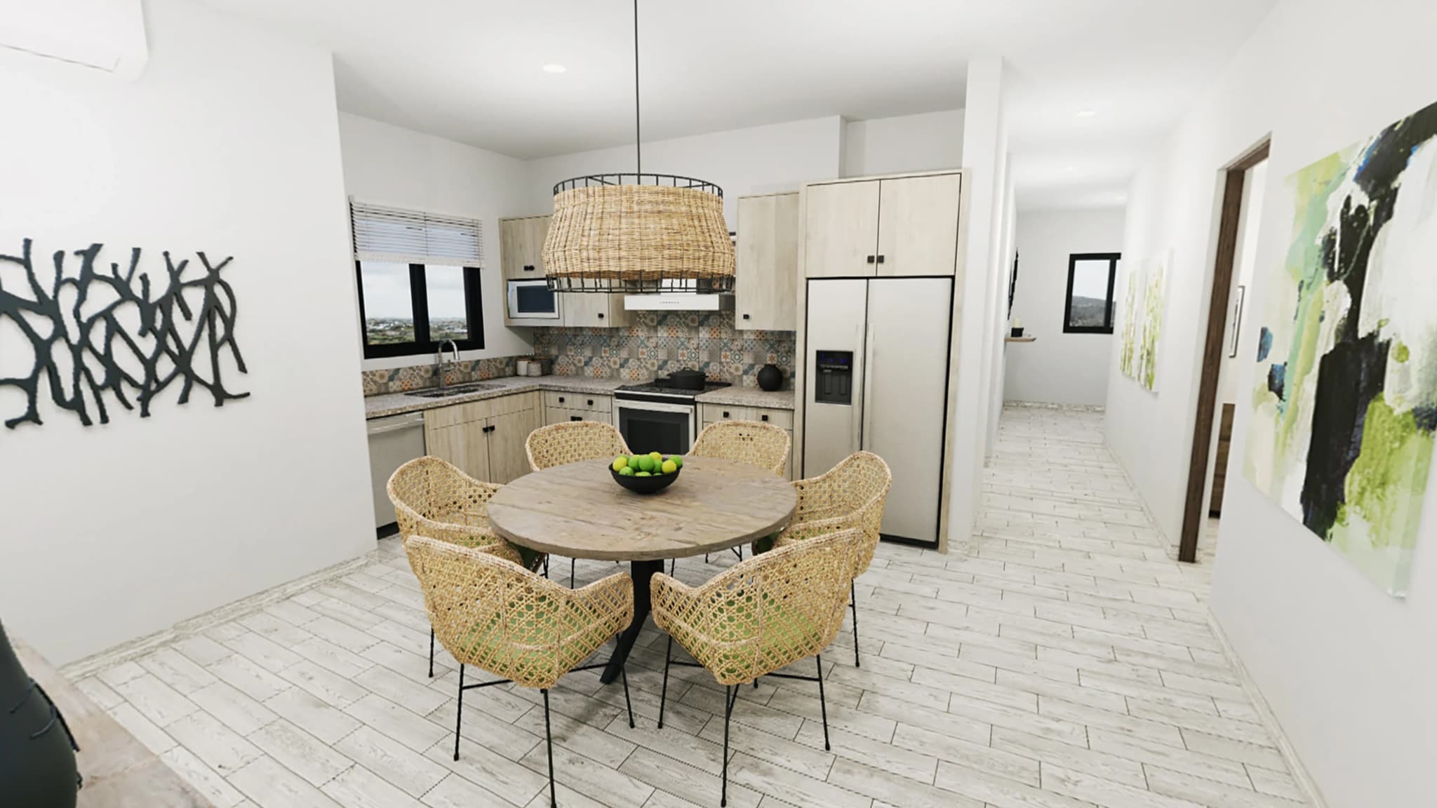 Dining area with modern kitchen in the Mavila 3-bedroom prototype