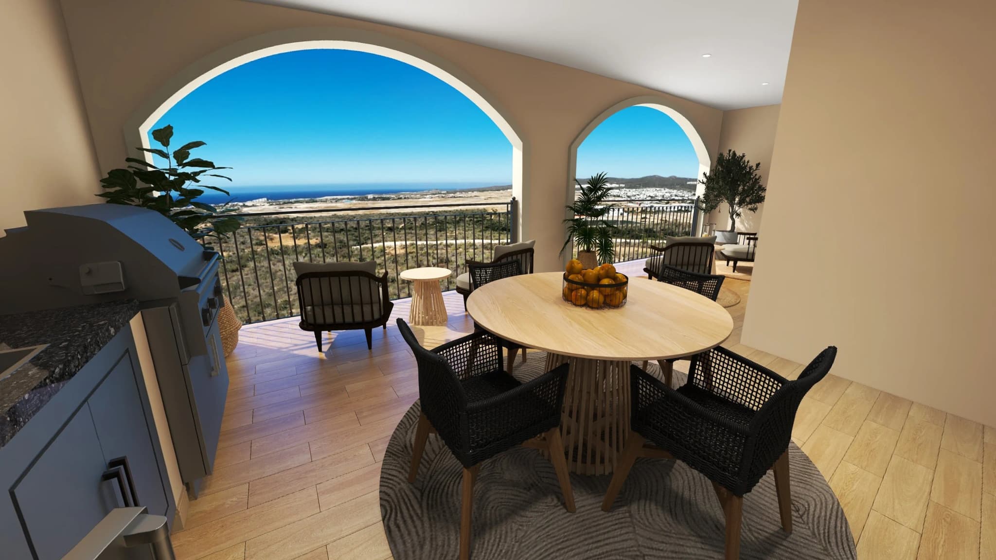 Private terrace with panoramic views and outdoor dining in the Mavila Tower 5 2-bedroom prototype