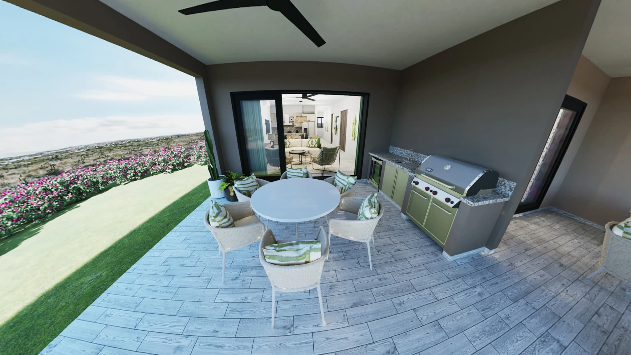 Terrace with grill and outdoor dining area in the Mavila 3-bedroom prototype