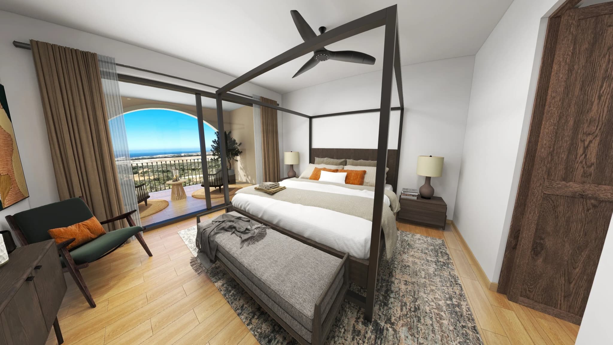 Master bedroom with balcony and ocean views in the Mavila Tower 5 2-bedroom prototype