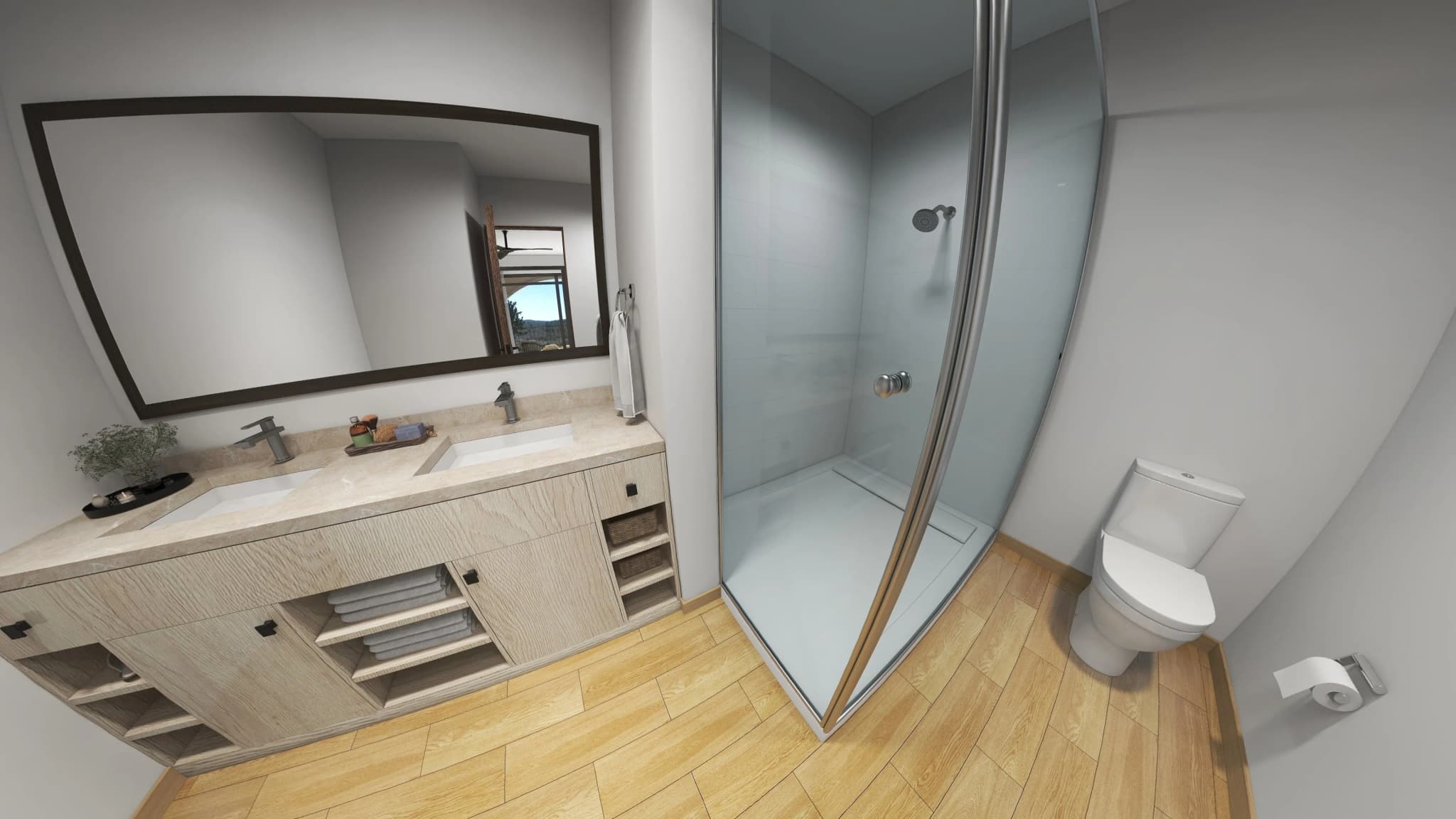 Main bathroom with glass shower and double vanity in the Mavila Tower 5 2-bedroom prototype