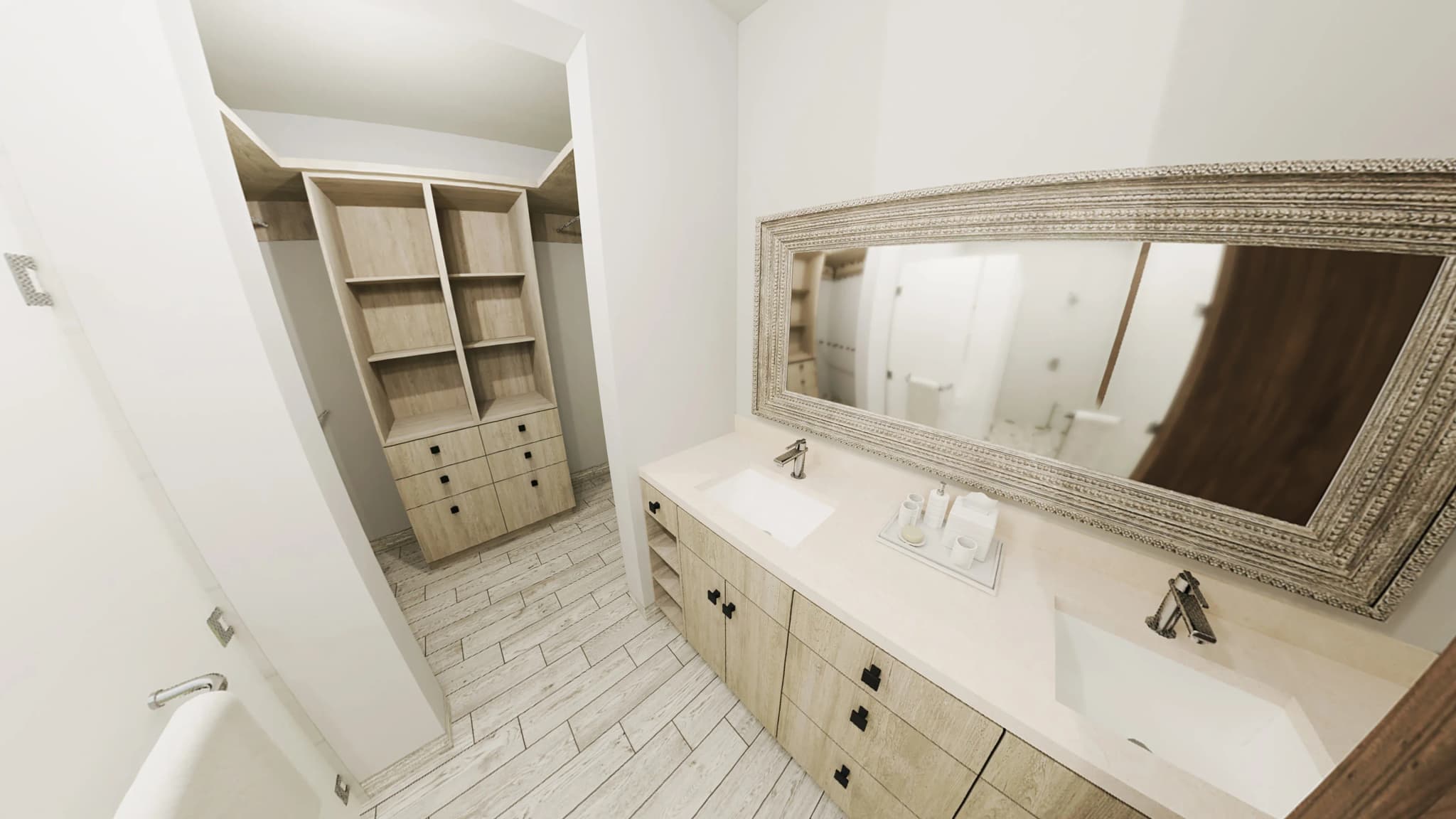 Main bathroom with double vanity and modern finishes in the Mavila 3-bedroom prototype